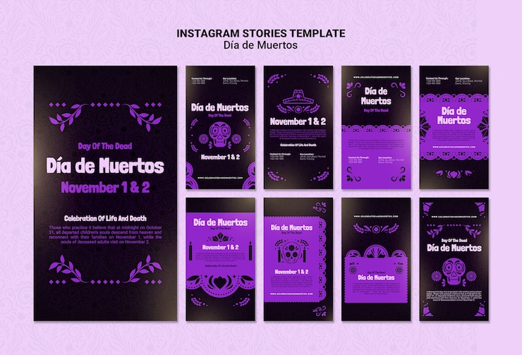 PSD gratuito pack de historias de redes sociales de purple dia de muertos