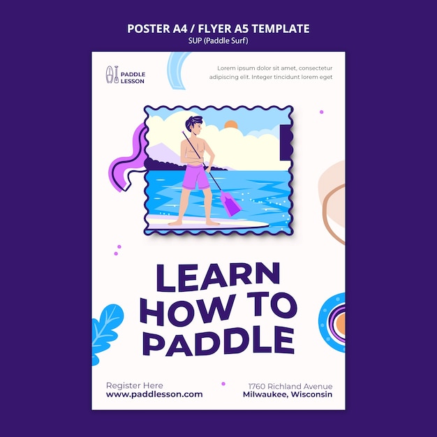 Gratis PSD paddle surf verticale postersjabloon met abstracte vormen