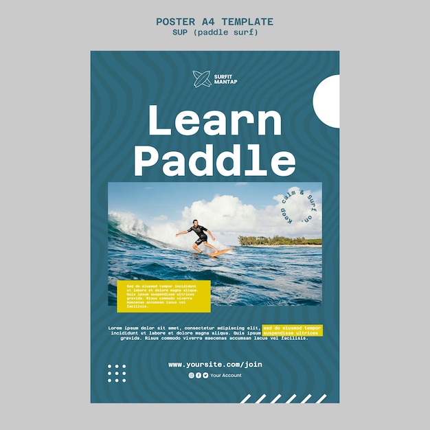 Gratis PSD paddleboard surflessen verticale postersjabloon