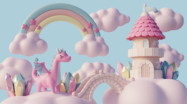 Paesaggio da sogno 3d con nuvole ed elementi da favola