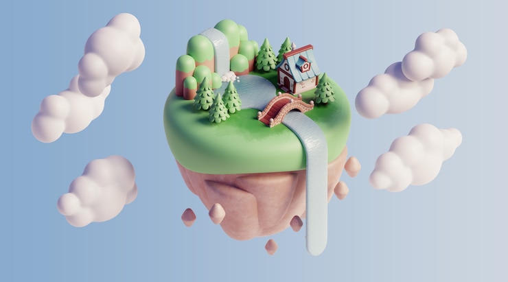 PSD gratuito paesaggio galleggiante 3d con elementi naturali e nuvole