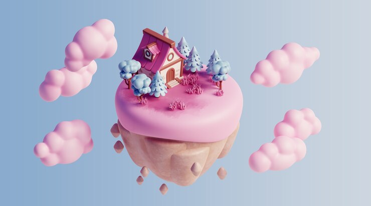 PSD gratuito paesaggio galleggiante 3d con elementi naturali e nuvole
