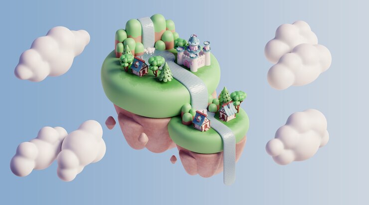 PSD gratuito paesaggio galleggiante 3d con elementi naturali e nuvole
