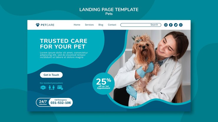 PSD gratuito página de destino para el cuidado de mascotas con veterinaria y perro yorkshire terrier