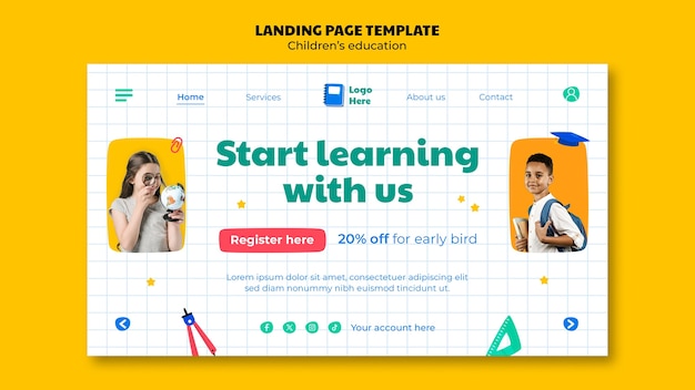 PSD gratuito página de destino de diseño plano para la educación de los niños