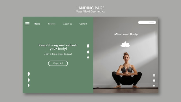PSD gratuito página de destino con mujer practicando yoga.