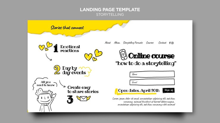 PSD gratuito pagina di destinazione del corso online di storytelling