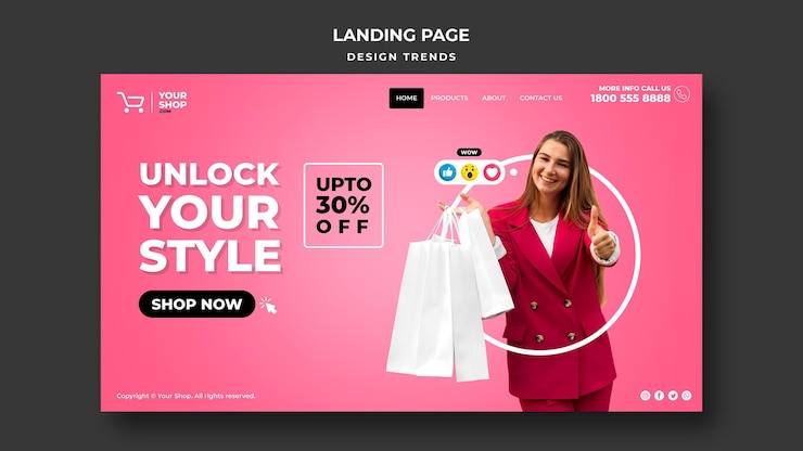 PSD gratuito pagina di destinazione del modello di donna dello shopping