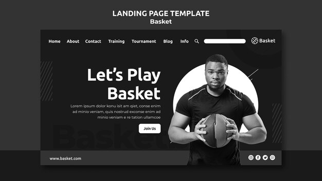 Pagina di destinazione in bianco e nero con atleta di basket maschile
