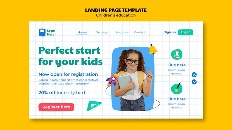 PSD gratuito pagina di destinazione per l'istruzione dei bambini a design piatto