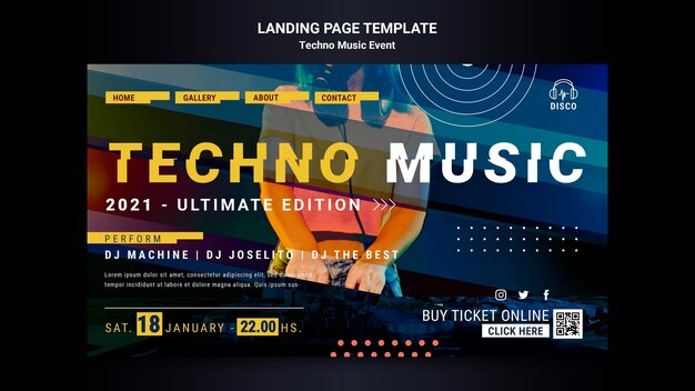 Pagina di destinazione per la festa notturna di musica techno