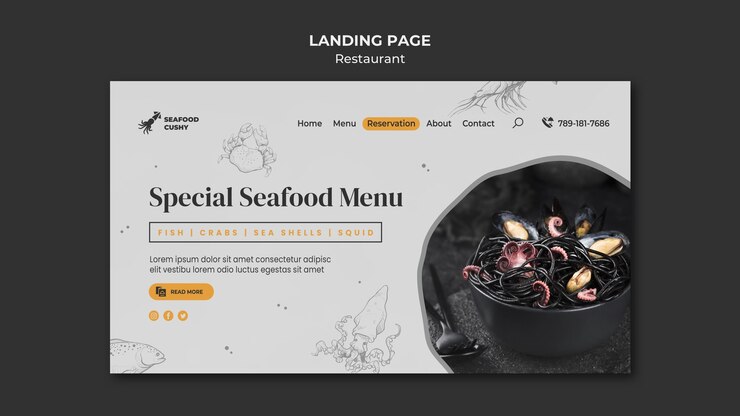 PSD gratuito pagina di destinazione per ristorante di pesce con cozze e tagliatelle