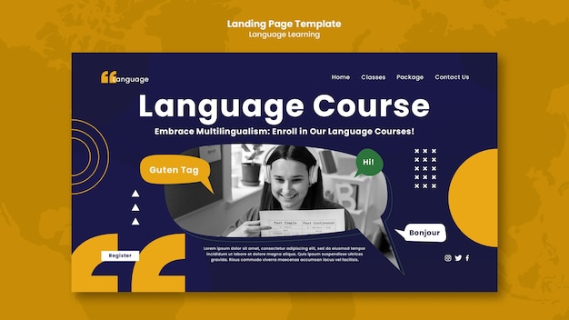 Página de inicio de aprendizaje de idiomas de diseño plano