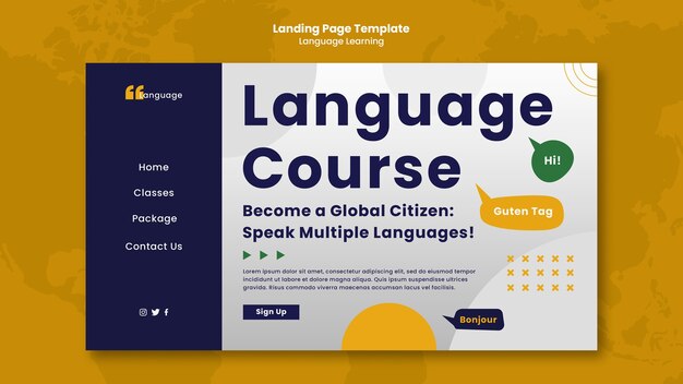 Página de inicio de aprendizaje de idiomas de diseño plano
