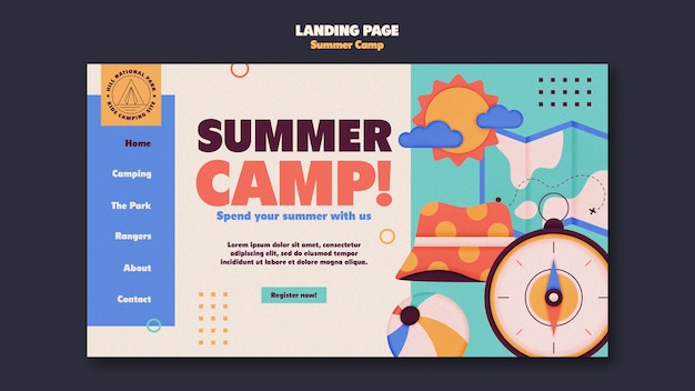 PSD gratuito página de inicio del campamento de verano de diseño plano