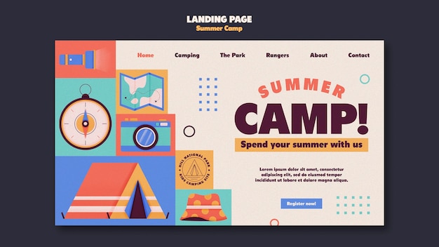 PSD gratuito página de inicio del campamento de verano de diseño plano