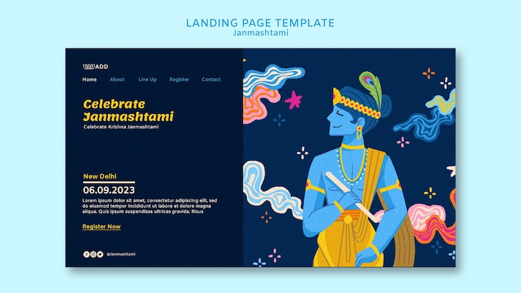 PSD gratuito página de inicio de celebración de janmashtami dibujada a mano
