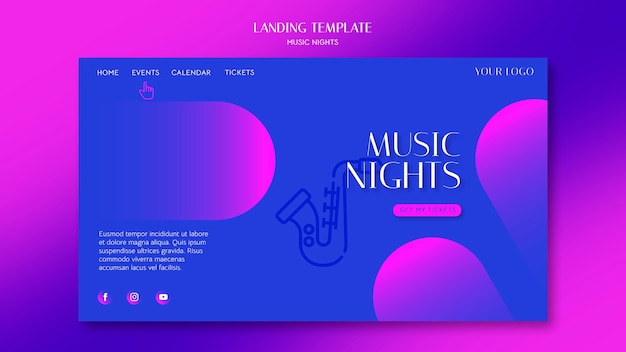 PSD gratuito página de inicio degradada para el festival de noches de música.