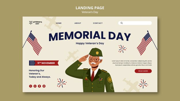 Página de inicio del día del veterano de diseño plano.