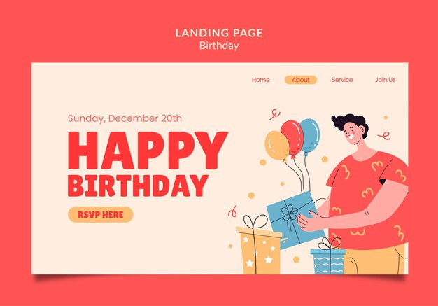 Página de inicio de fiesta de cumpleaños de diseño plano