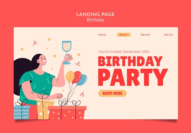 Página de inicio de fiesta de cumpleaños de diseño plano