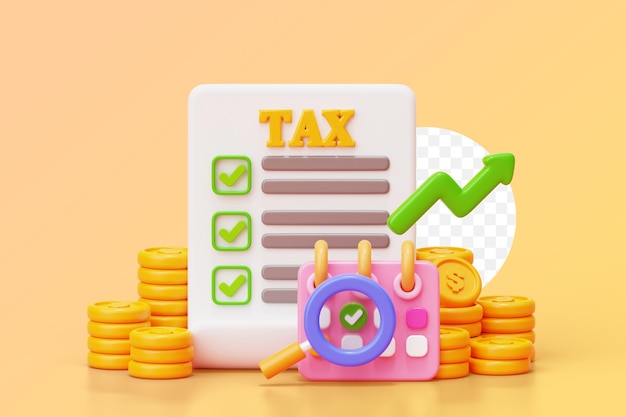 Pago de impuestos con pilas de monedas y lupa en la ilustración de fondo 3D de negocios y finanzas de calendario
