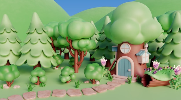 Paisaje en 3D con elementos de cuento de hadas