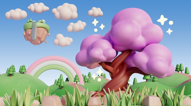 PSD gratuito paisaje 3d con elementos de cuento de hadas