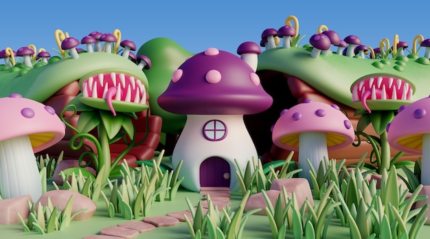 Paisaje en 3D con elementos de cuento de hadas