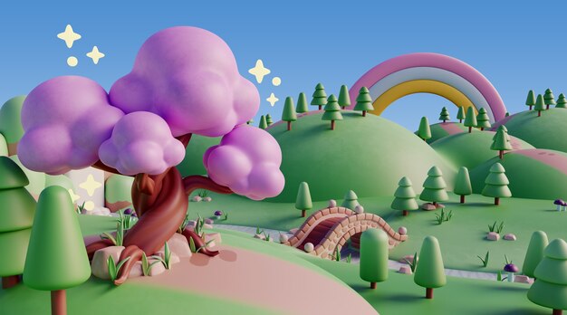 Paisaje en 3D con elementos de cuento de hadas