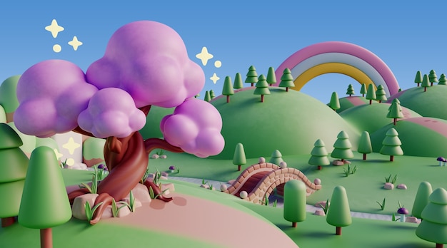 paisaje 3d con elementos de cuento de hadas