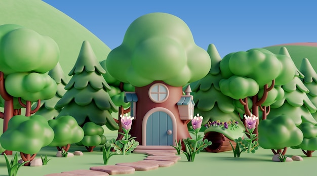 Paisaje en 3D con elementos de cuento de hadas