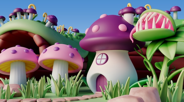 paisaje 3d con elementos de cuento de hadas