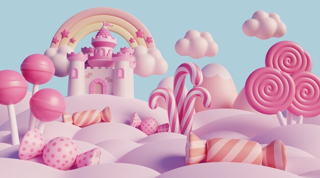 Paisaje de ensueño en 3D con nubes y elementos de cuento de hadas