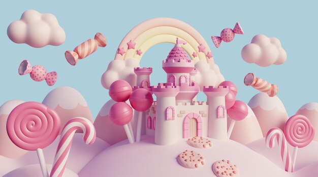 Paisaje de ensueño en 3D con nubes y elementos de cuento de hadas