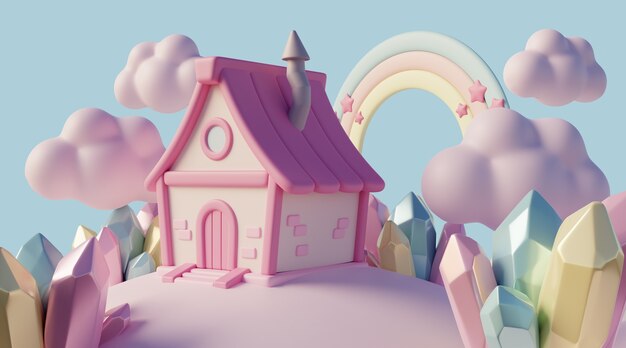 Paisaje de ensueño en 3D con nubes y elementos de cuento de hadas
