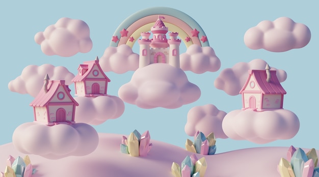 Paisaje de ensueño en 3D con nubes y elementos de cuento de hadas