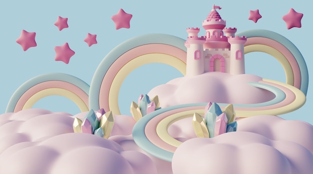 Paisaje de ensueño en 3D con nubes y elementos de cuento de hadas