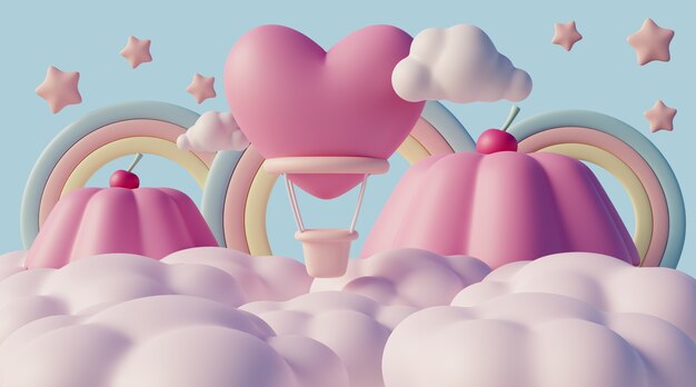 Paisaje de ensueño en 3D con nubes y elementos de cuento de hadas