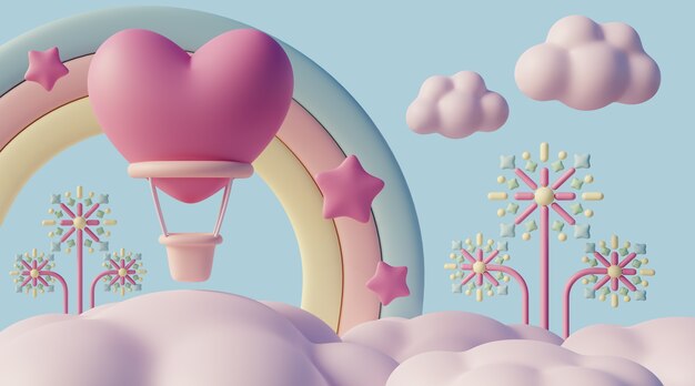 Paisaje de ensueño en 3D con nubes y elementos de cuento de hadas