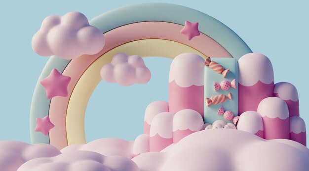 paisaje de ensueño 3d con nubes y elementos de cuento de hadas