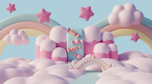 paisaje de ensueño 3d con nubes y elementos de cuento de hadas