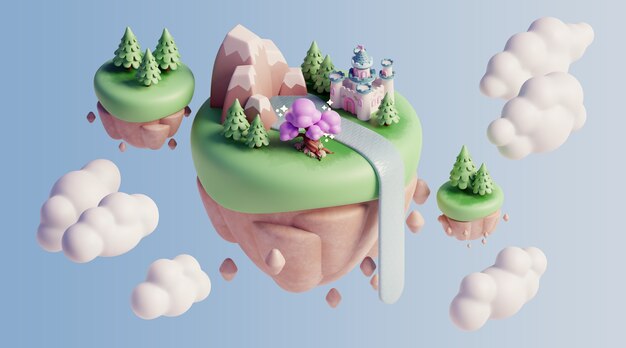 paisaje flotante 3d con elementos de la naturaleza y nubes