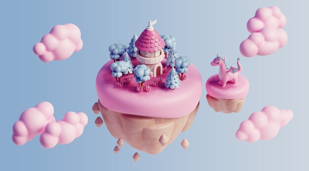paisaje flotante 3d con elementos de la naturaleza y nubes