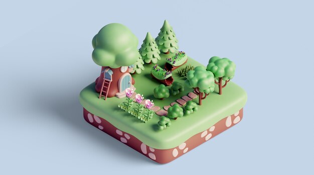 paisaje isométrico 3d con elementos de la naturaleza