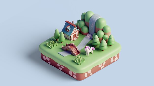 paisaje isométrico 3d con elementos de la naturaleza