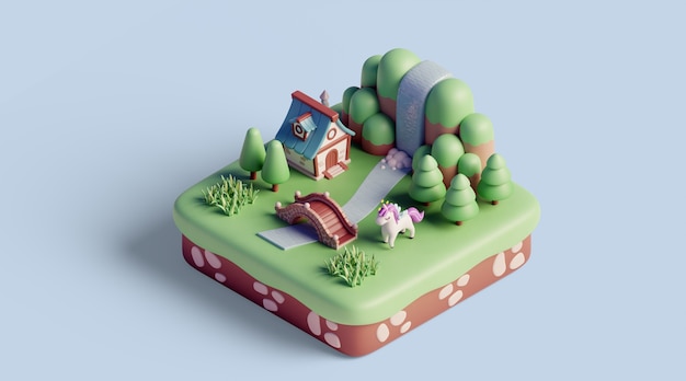 paisaje isométrico 3d con elementos de la naturaleza