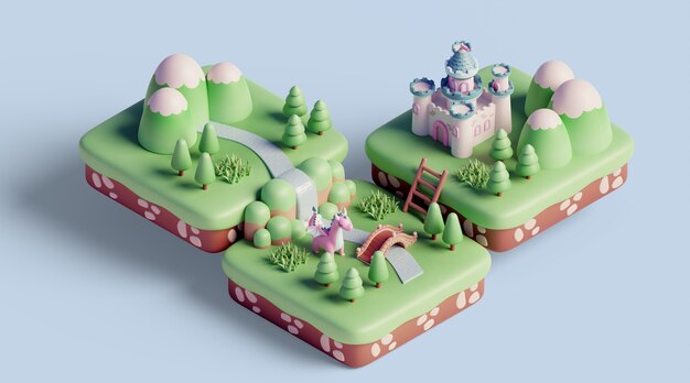 Paisaje isométrico en 3D con elementos de la naturaleza