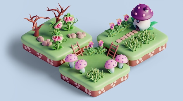 paisaje isométrico 3d con elementos de la naturaleza
