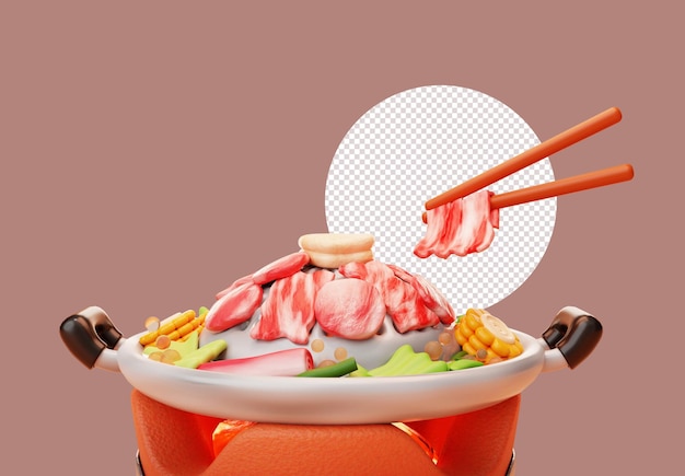 Palillos con carne de cerdo Mookata sabrosa parrilla de barbacoa cocina asiática dibujos animados ilustración en 3D